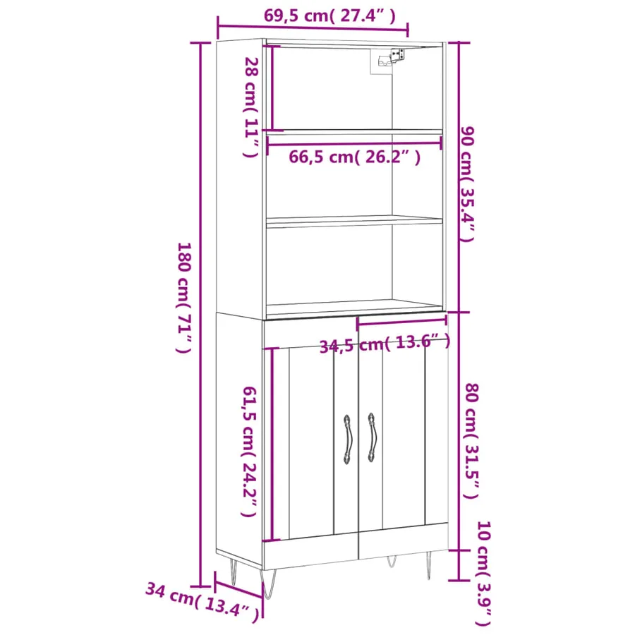 Buffet haut Blanc 69,5x34x180 cm Bois d'ingénierie - 13