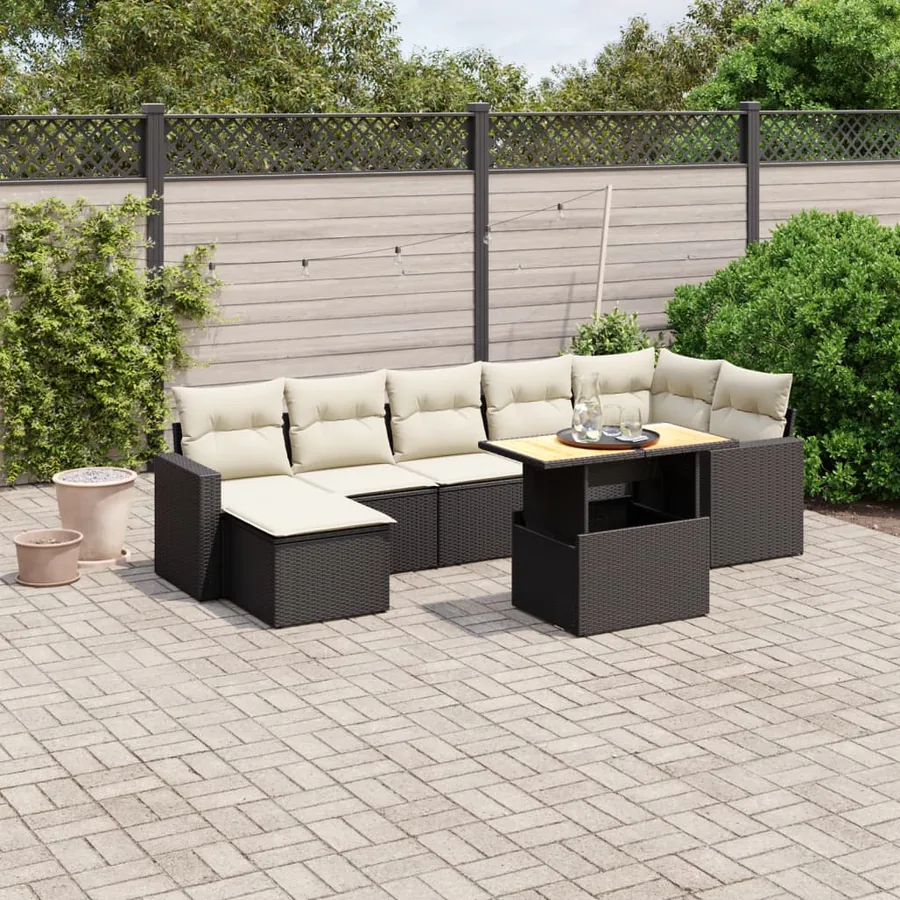 Salon de jardin 8 pcs avec coussins noir résine tressée