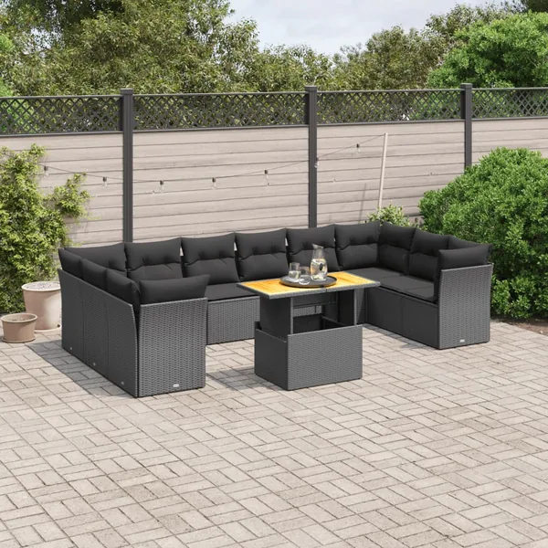 Salon de jardin 11 pcs avec coussins noir résine tressée