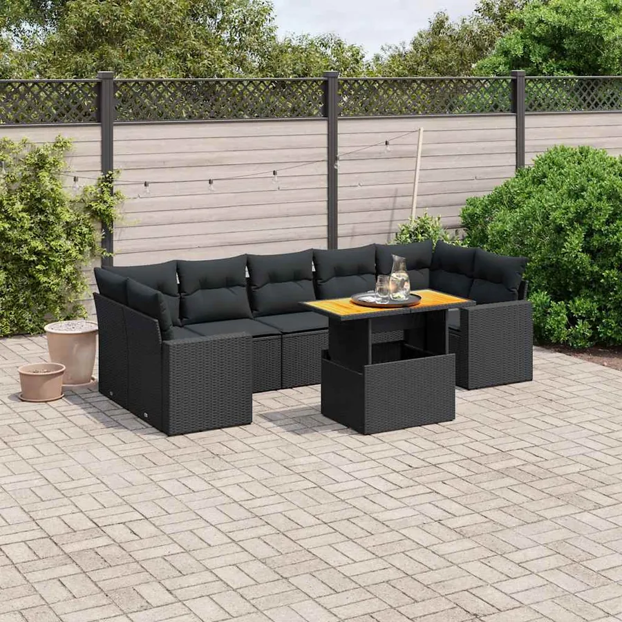 Salon de jardin 8 pcs avec coussins noir résine tressée