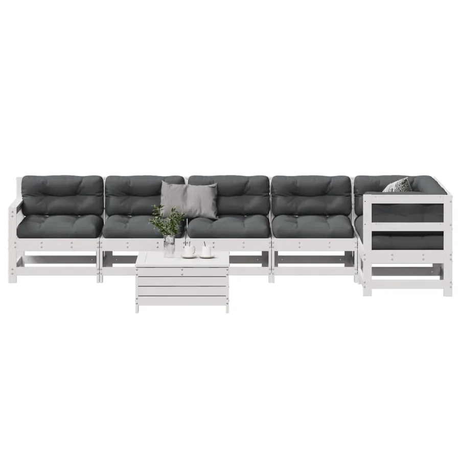 Salon de jardin 7 pcs avec coussins blanc bois de pin massif