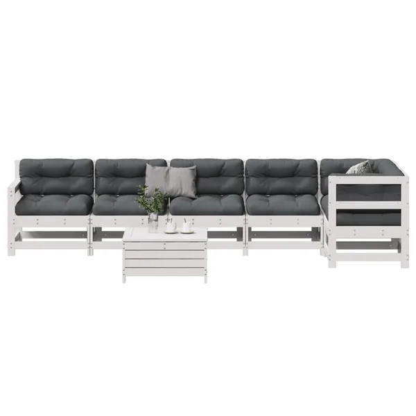 Salon de jardin 7 pcs avec coussins blanc bois de pin massif