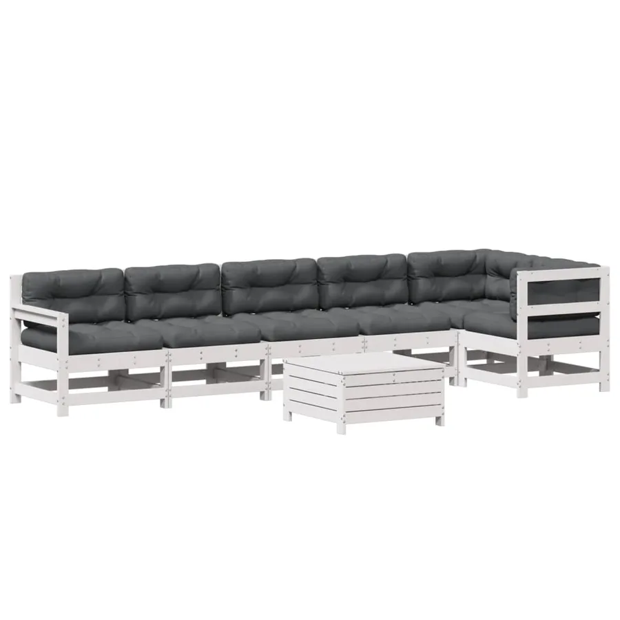 Salon de jardin 7 pcs avec coussins blanc bois de pin massif - 2