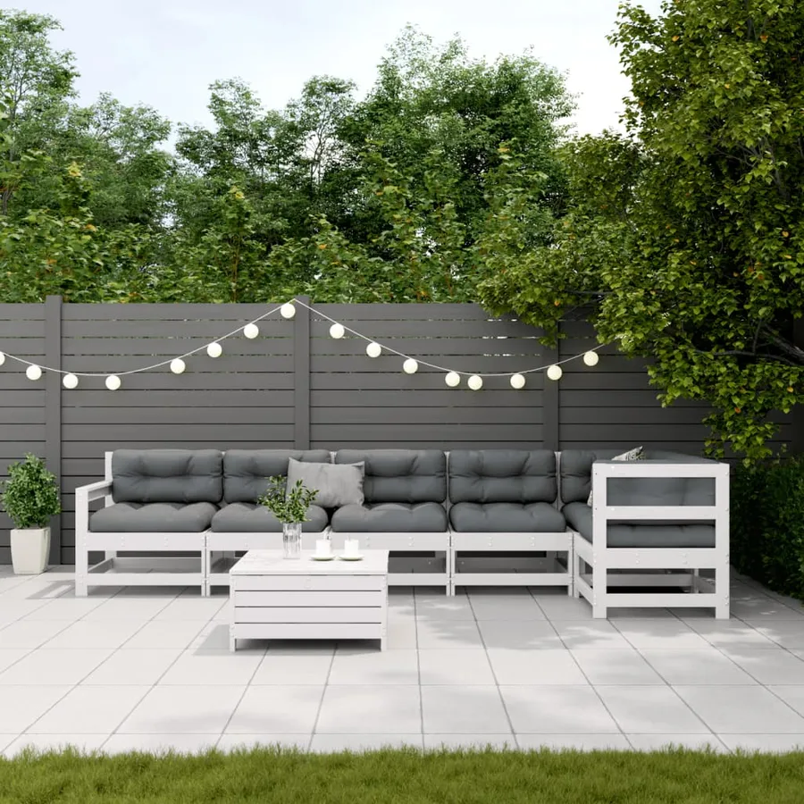 Salon de jardin 7 pcs avec coussins blanc bois de pin massif - 3