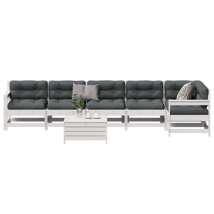 Salon de jardin 7 pcs avec coussins blanc bois de pin massif
