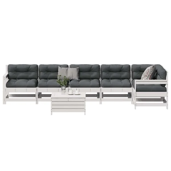 Salon de jardin 7 pcs avec coussins blanc bois de pin massif