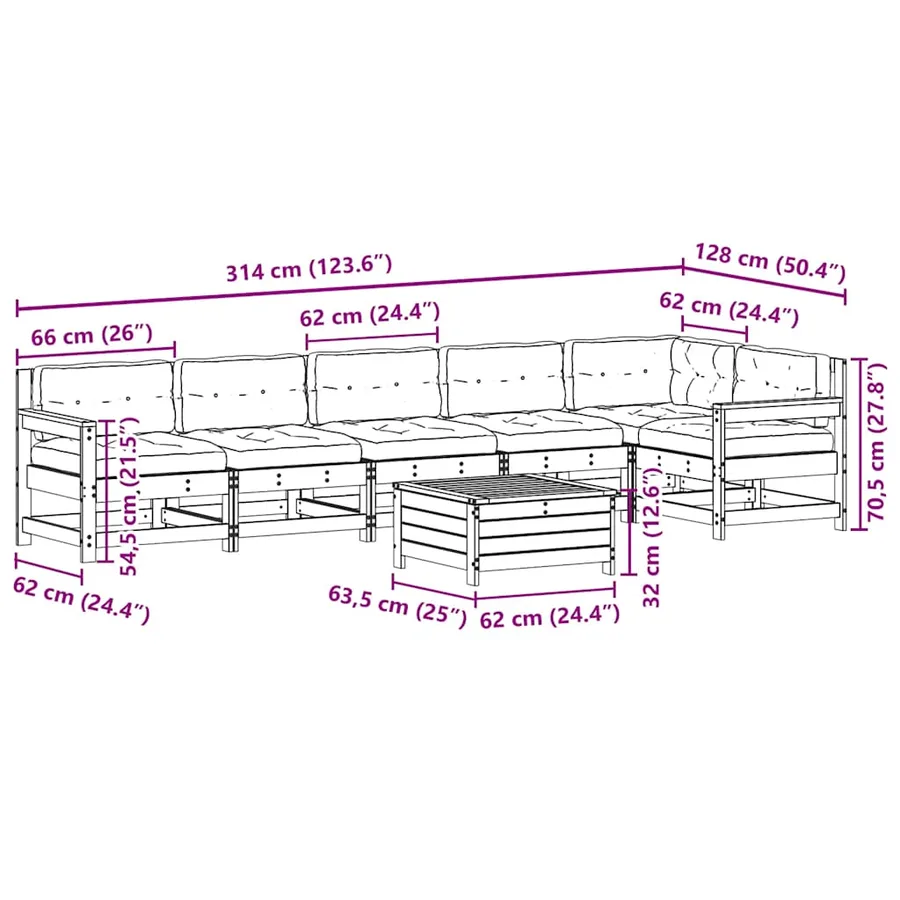 Salon de jardin 7 pcs avec coussins blanc bois de pin massif - 11