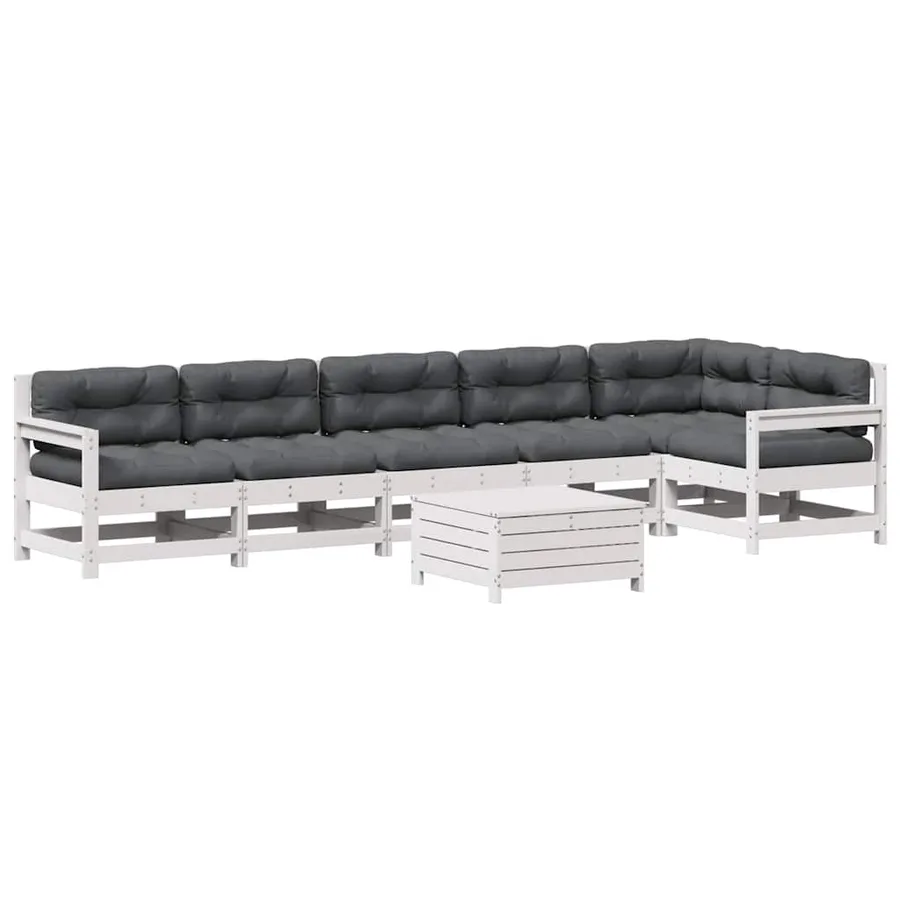 Salon de jardin 7 pcs avec coussins blanc bois de pin massif - 2