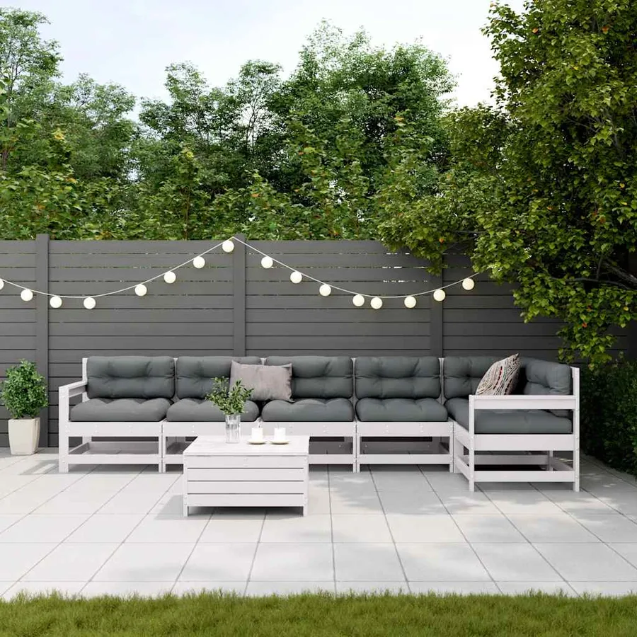 Salon de jardin 7 pcs avec coussins blanc bois de pin massif - 3