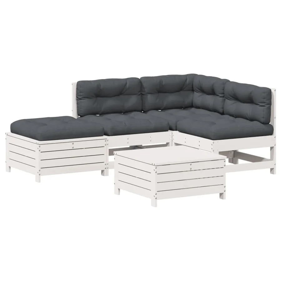 Salon de jardin 5 pcs avec coussins blanc bois massif de pin - 2