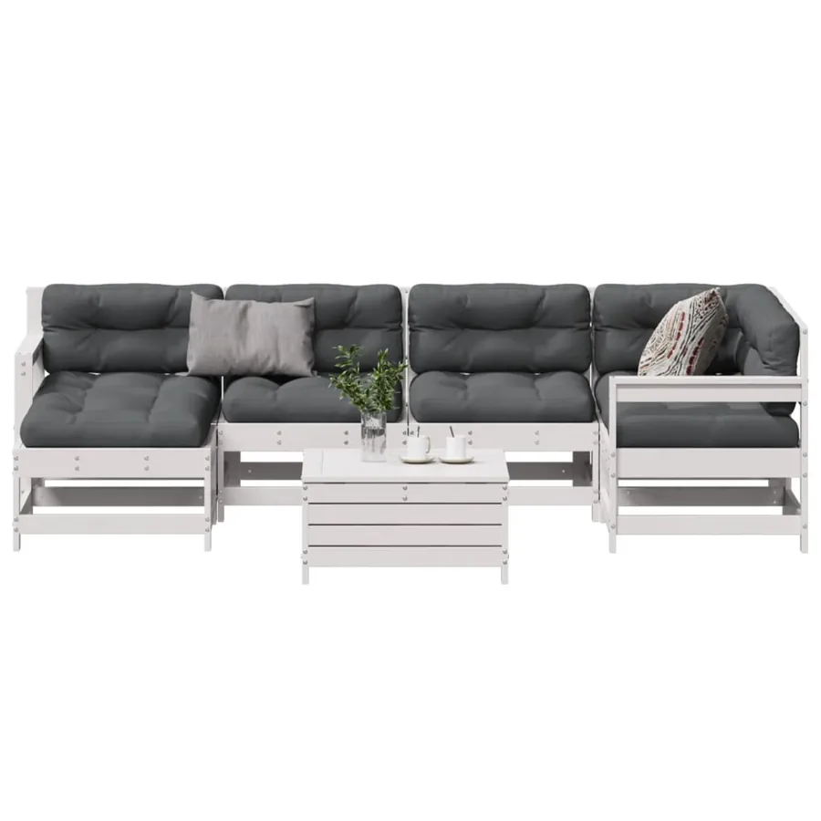 Salon de jardin 7 pcs avec coussins blanc bois de pin massif