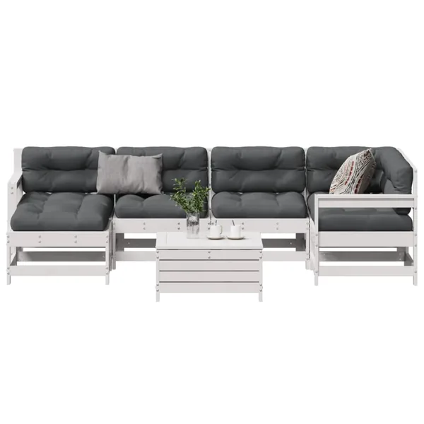 Salon de jardin 7 pcs avec coussins blanc bois de pin massif