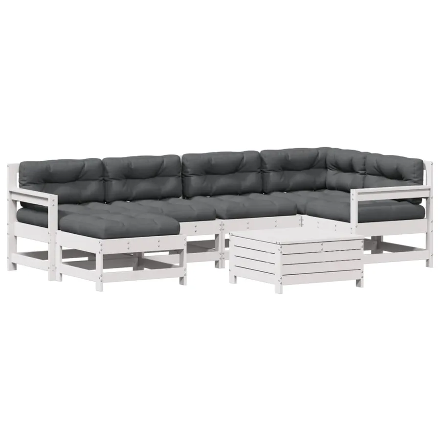 Salon de jardin 7 pcs avec coussins blanc bois de pin massif - 2