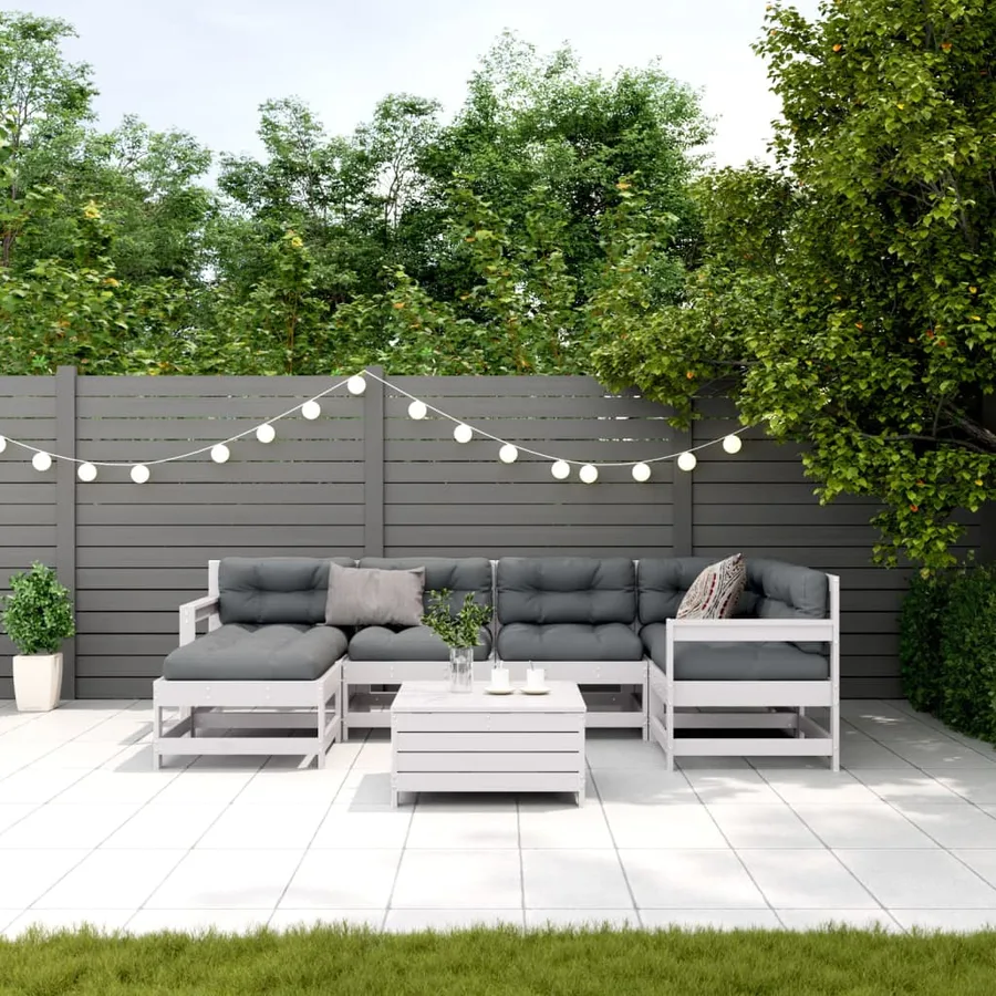 Salon de jardin 7 pcs avec coussins blanc bois de pin massif - 3