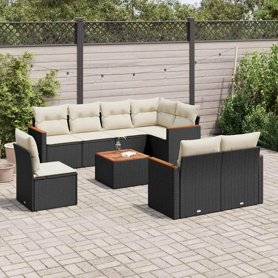 Salon de jardin 9 pcs avec coussins noir résine tressée