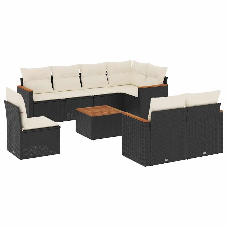 Salon de jardin 9 pcs avec coussins noir résine tressée - 2