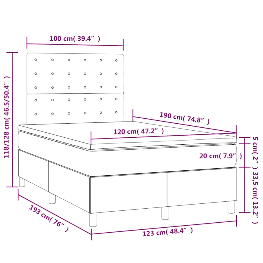 Sommier à lattes de lit matelas et LED noir 120x190 cm tissu - 10