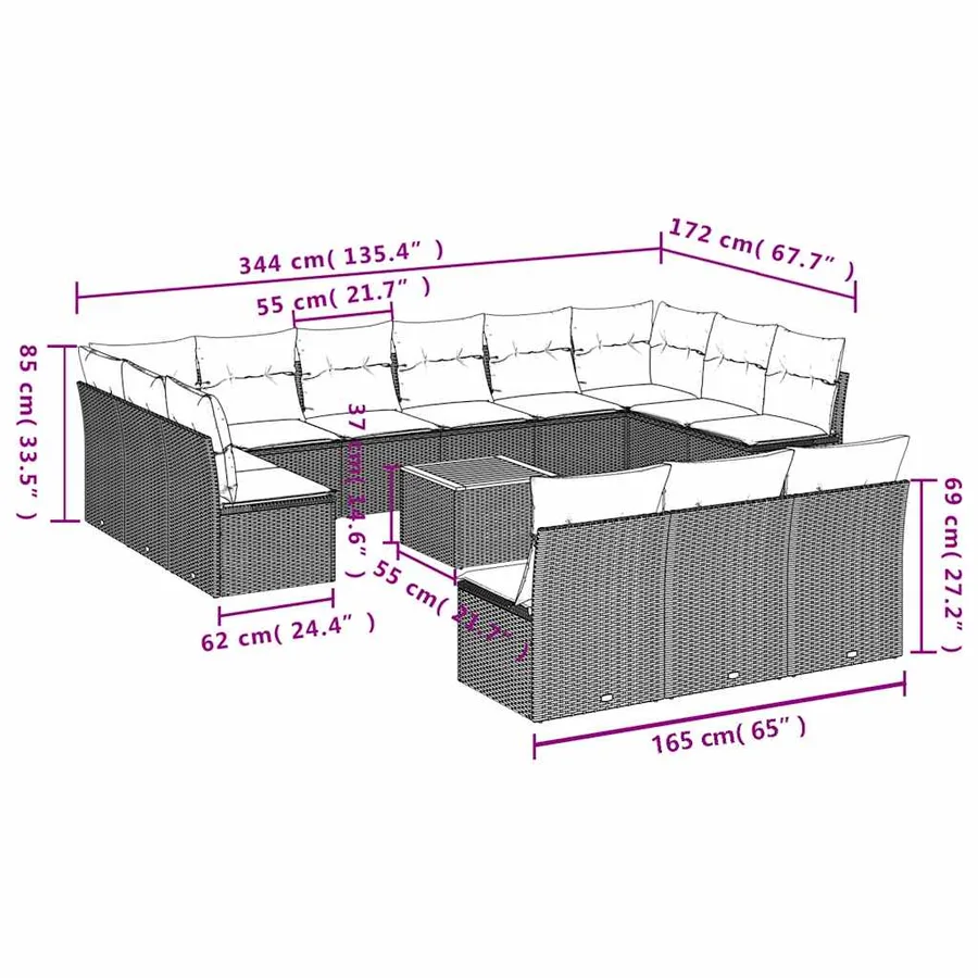Salon de jardin avec coussins 14 pcs noir résine tressée - 10