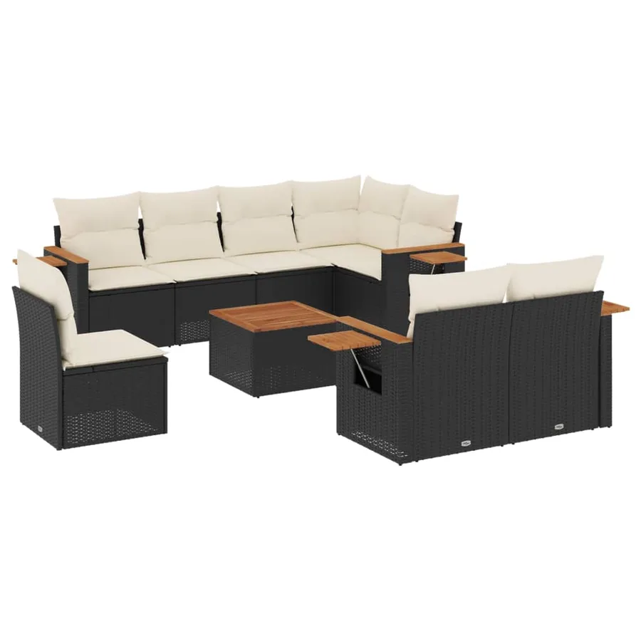 Salon de jardin 9 pcs avec coussins noir résine tressée - 2