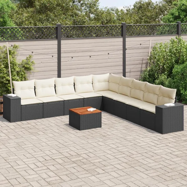 Salon de jardin 10 pcs avec coussins noir résine tressée