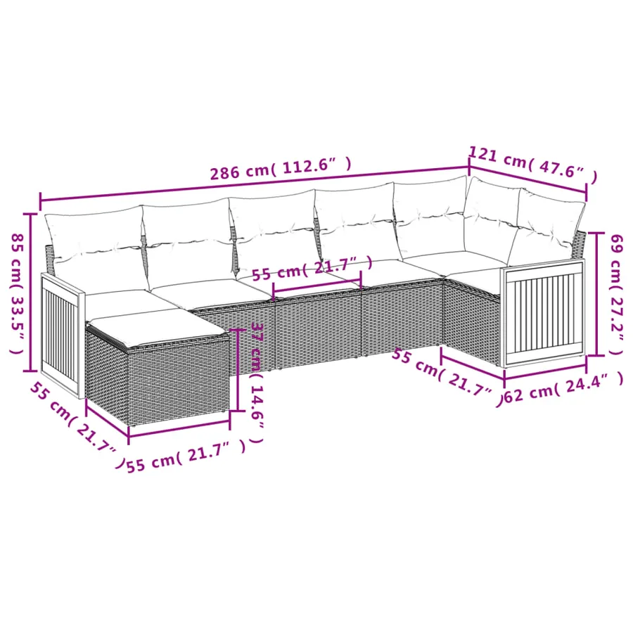 Salon de jardin 7 pcs avec coussins noir résine tressée 62 x 62 x 69 cm - 61,0 kg - 3