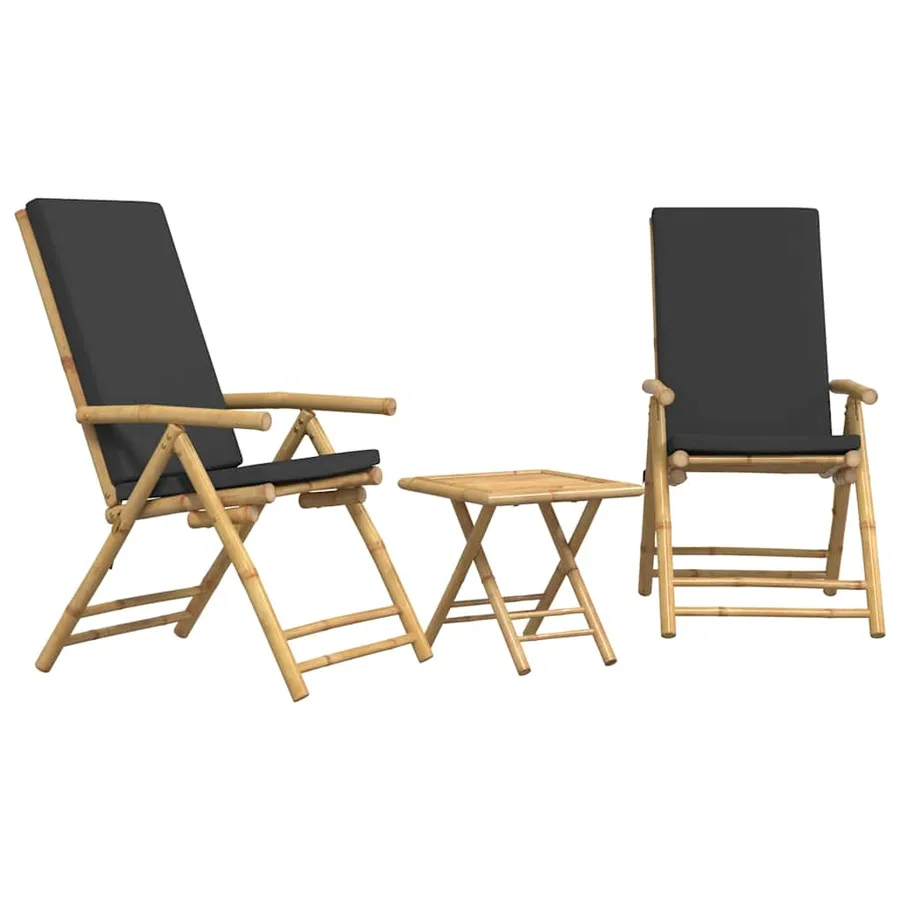 Ensemble de bistro pliante 3 pcs et coussins gris foncé bambou - 2