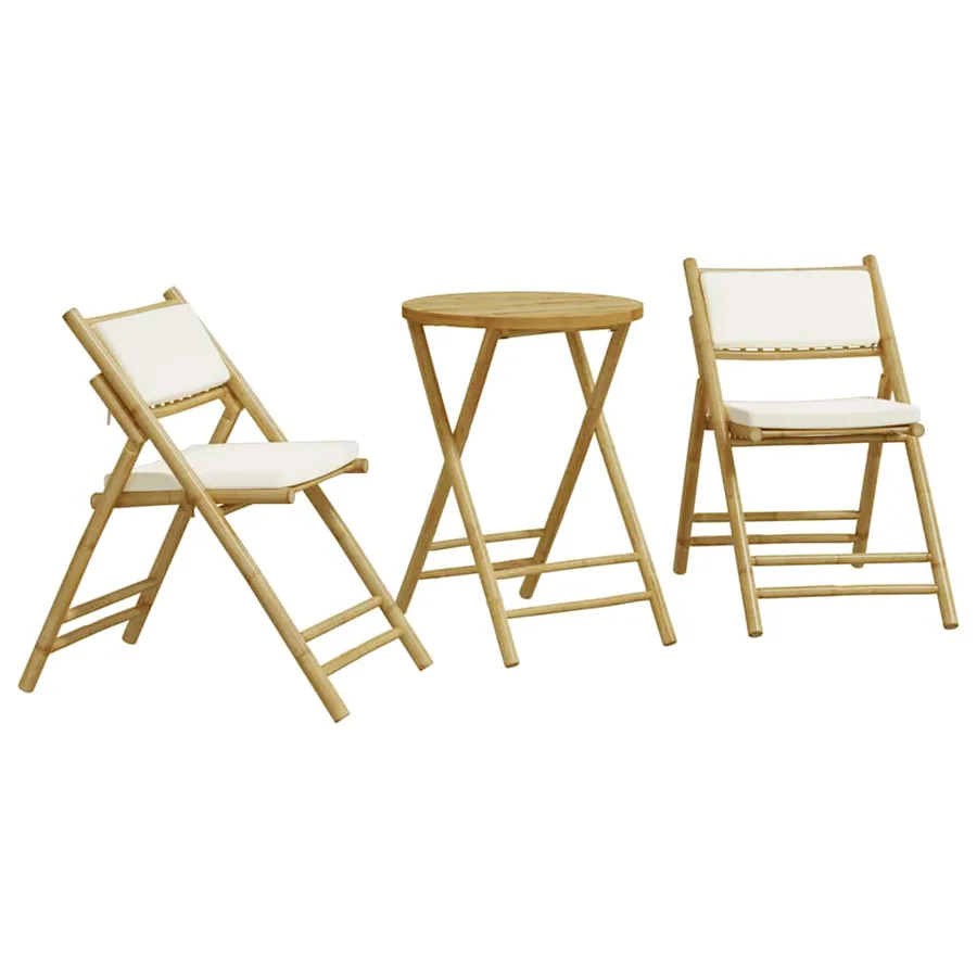 Ensemble de bistro pliante 3 pcs et coussins blanc crème bambou - 2