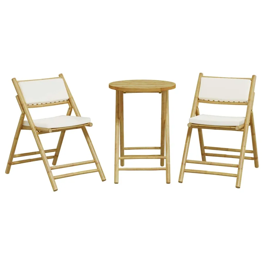 Ensemble de bistro pliante 3 pcs et coussins blanc crème bambou - 4