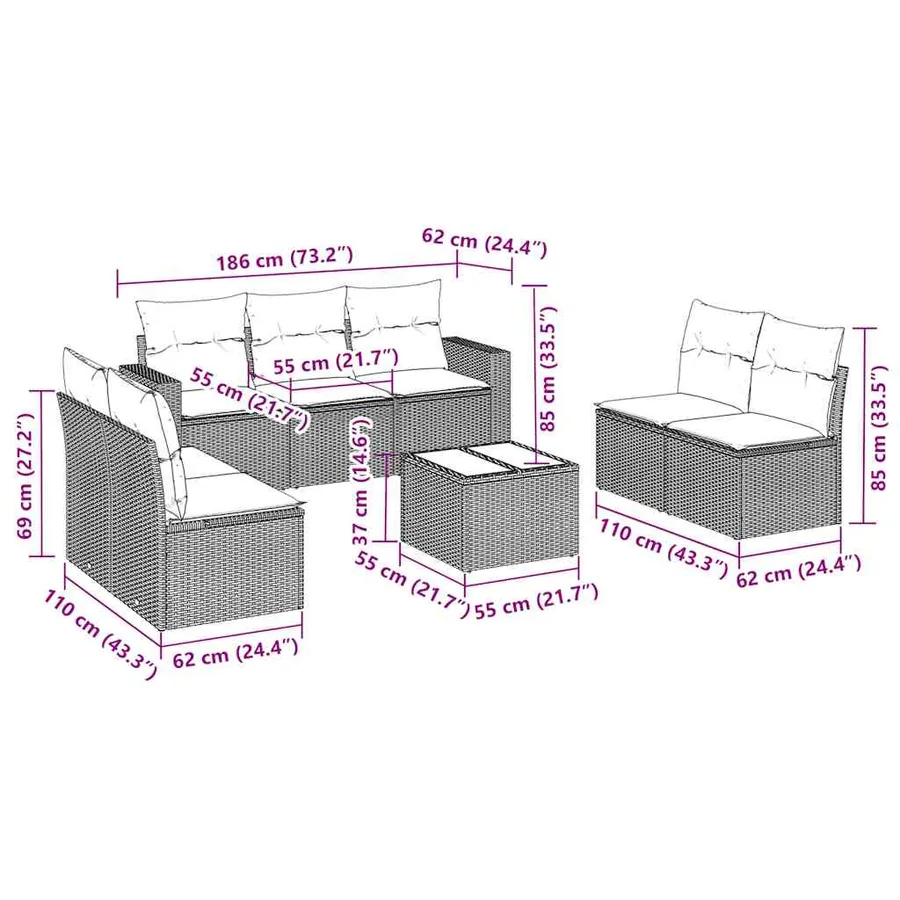 Salon de jardin 8 pcs avec coussins noir résine tressée - 3