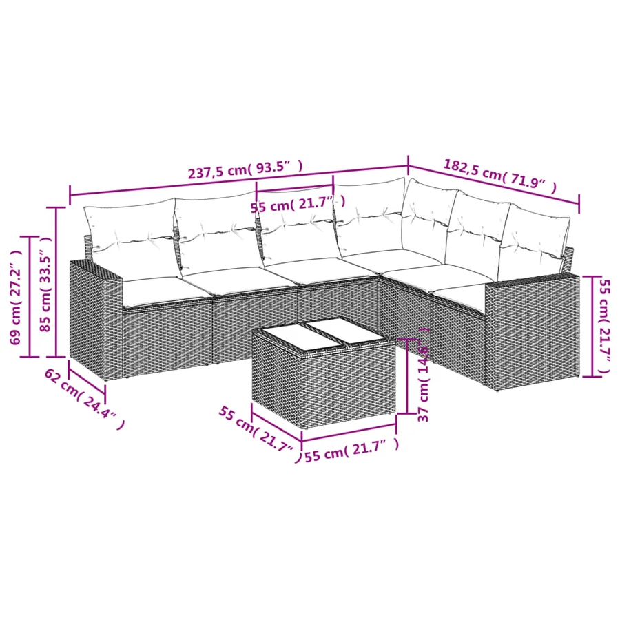 Salon de jardin 7 pcs avec coussins noir résine tressée 62 x 62 x 69 cm - 60,0 kg - 3