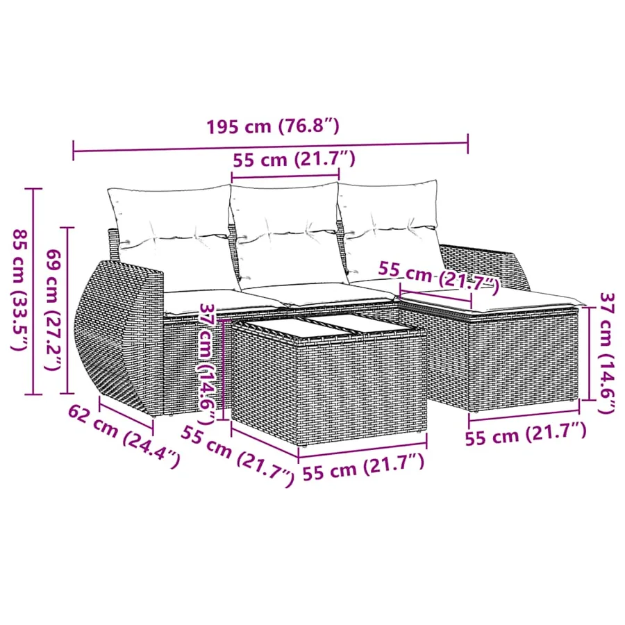 Salon de jardin 5 pcs avec coussins noir résine tressée - 3