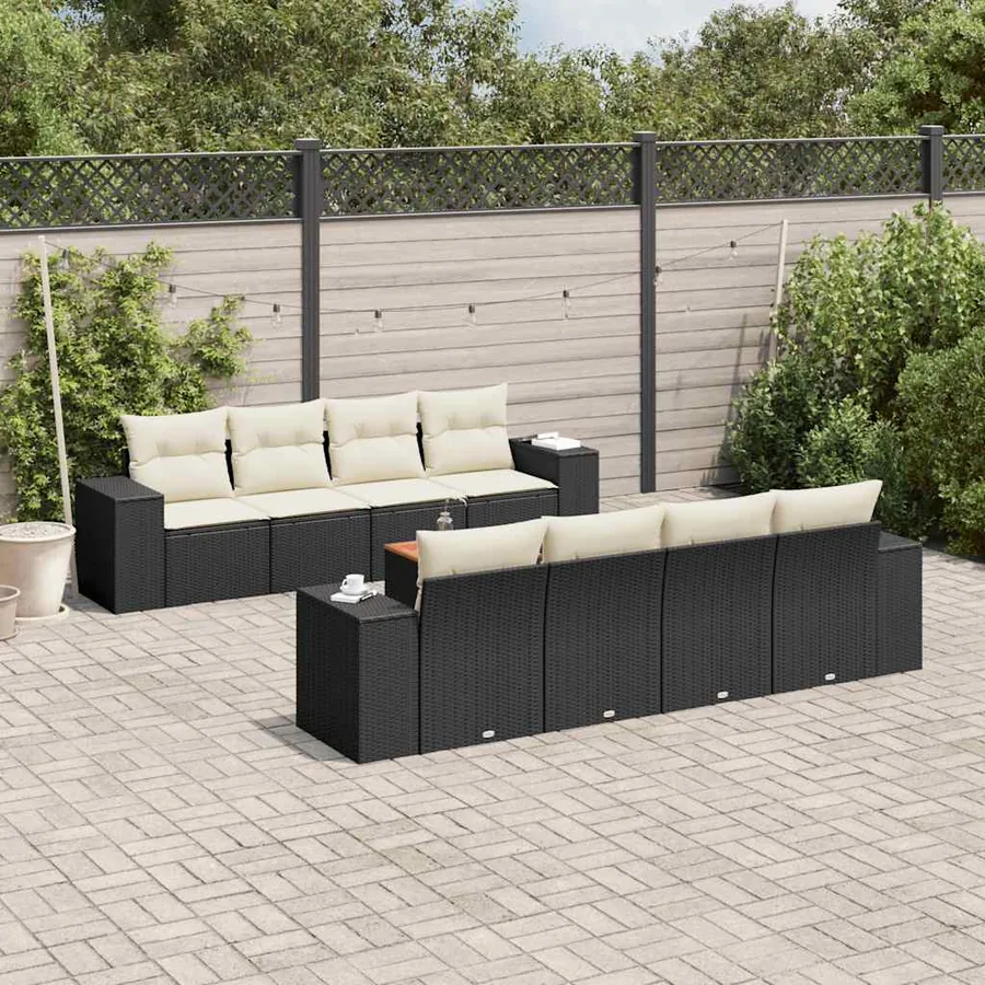 Salon de jardin 9 pcs avec coussins noir résine tressée