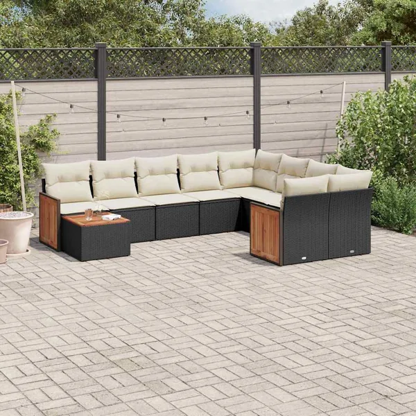 Salon de jardin 10 pcs avec coussins noir résine tressée