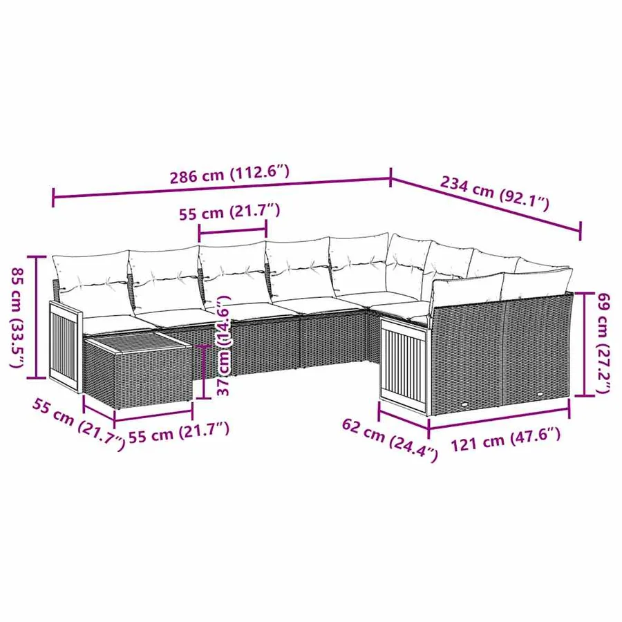 Salon de jardin 10 pcs avec coussins noir résine tressée - 3