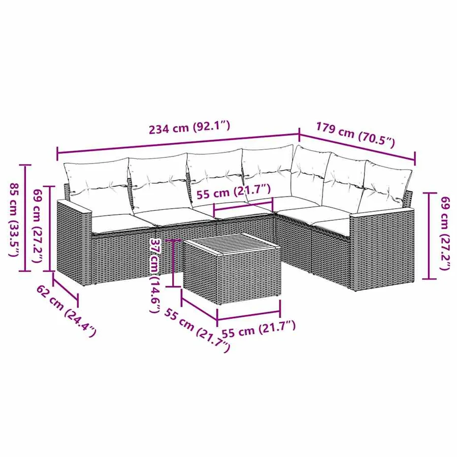 Salon de jardin 7 pcs avec coussins noir résine tressée 62 x 62 x 69 cm - 59,8 kg - 3