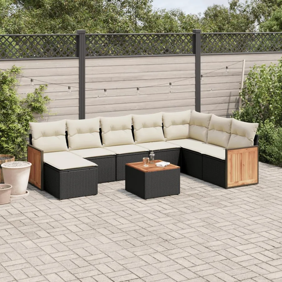 Salon de jardin 9 pcs avec coussins noir résine tressée