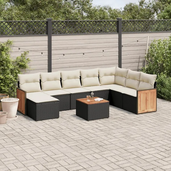 Salon de jardin 9 pcs avec coussins noir résine tressée