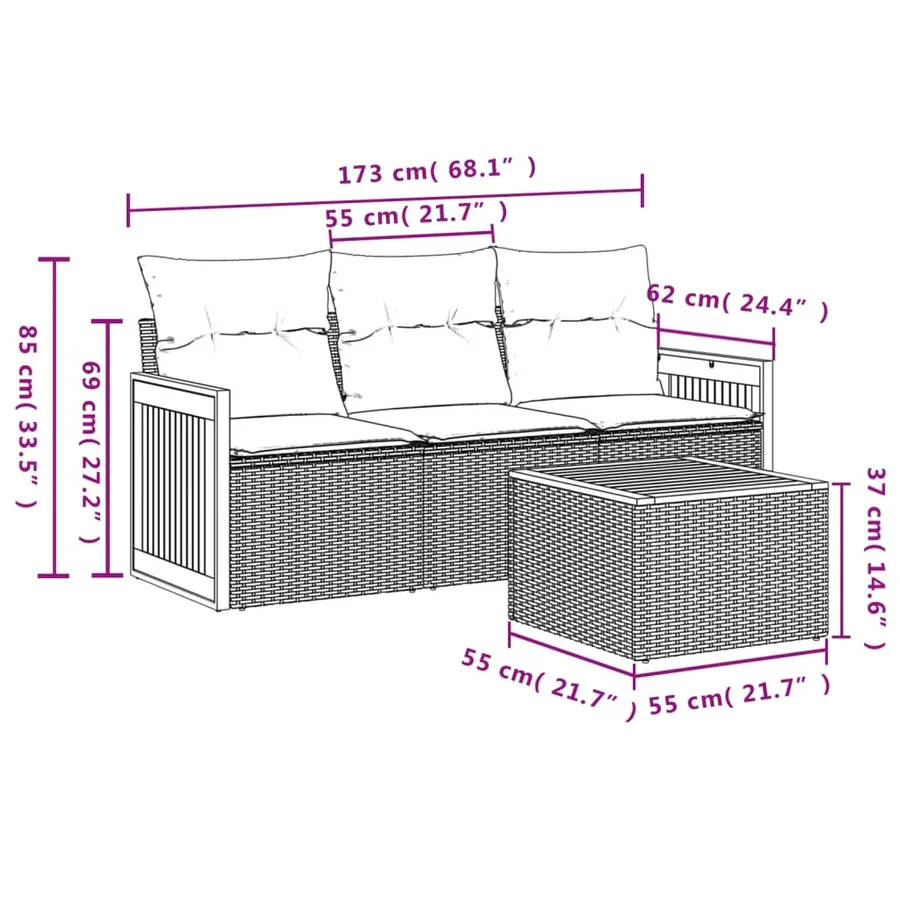 Salon de jardin 4 pcs avec coussins noir résine tressée - 3