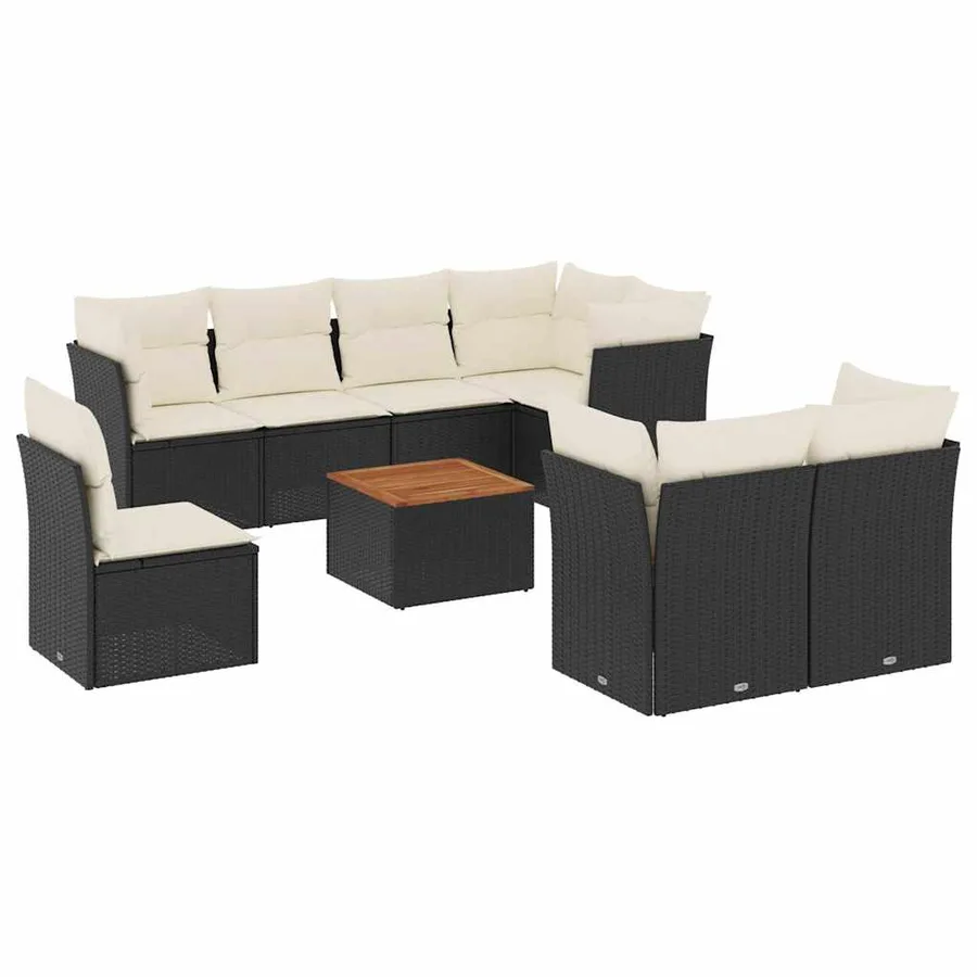 Salon de jardin 9 pcs avec coussins noir résine tressée - 2