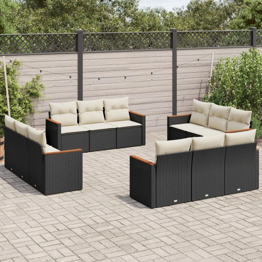 Salon de jardin 12 pcs avec coussins noir résine tressée