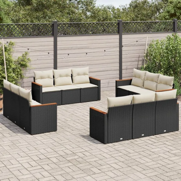 Salon de jardin 12 pcs avec coussins noir résine tressée