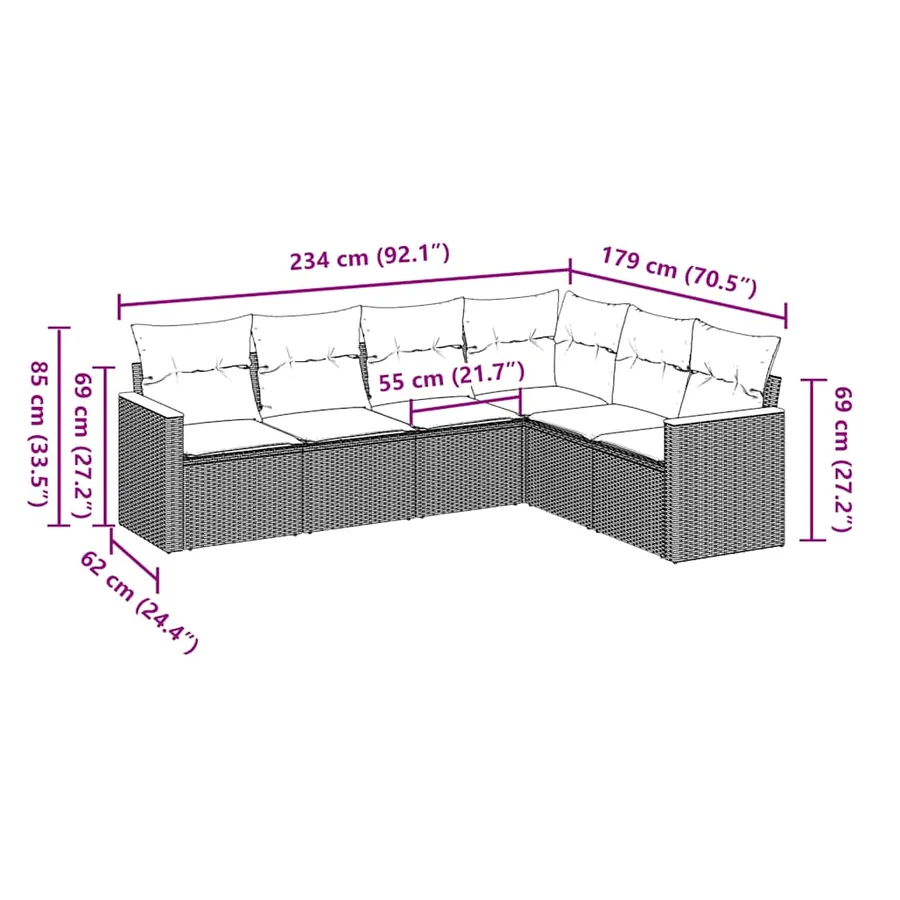 Salon de jardin 6 pcs avec coussins noir résine tressée - 3