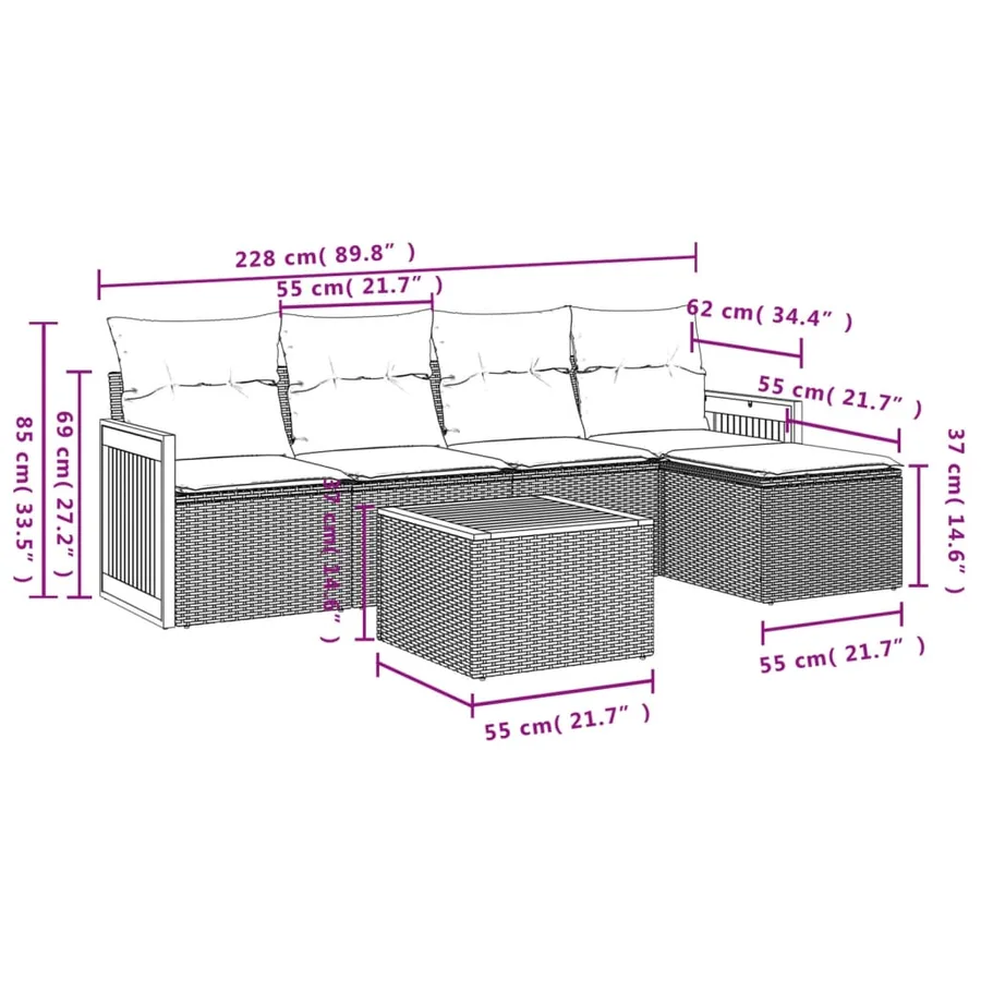 Salon de jardin 6 pcs avec coussins noir résine tressée - 3