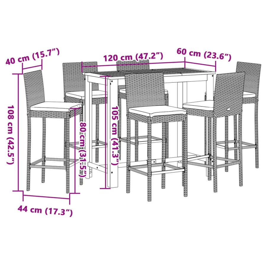 Ensemble de bar de jardin 7 pcs gris bois massif acacia rotin - 11