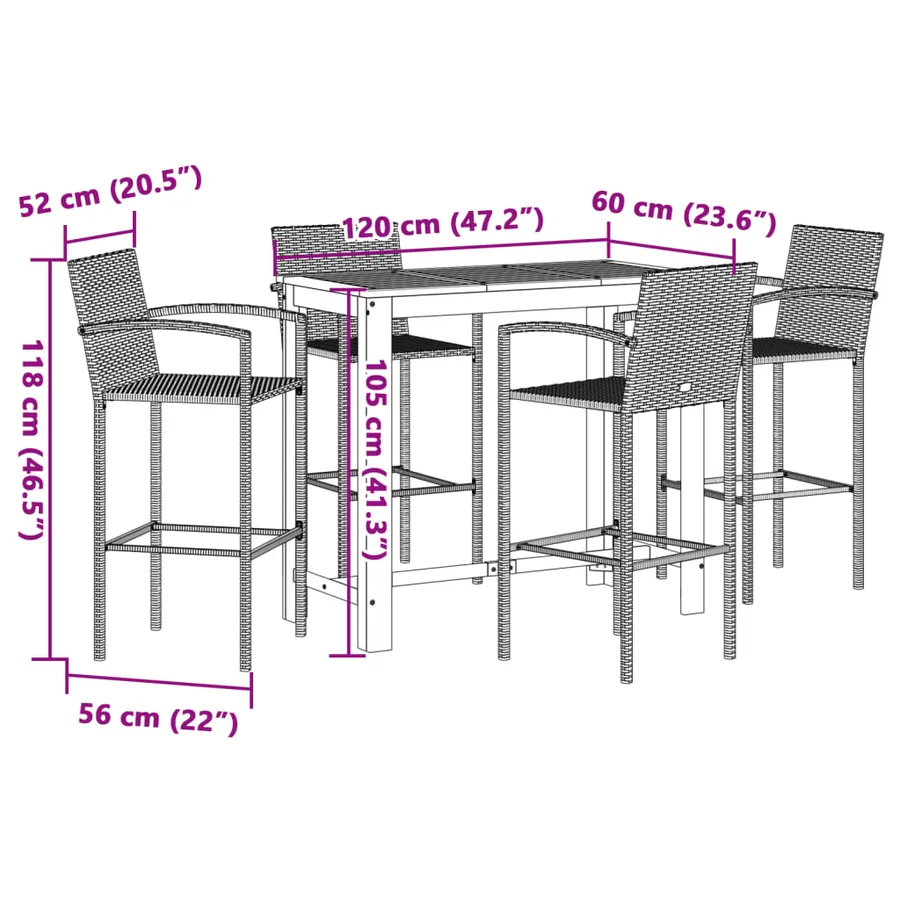 Ensemble de bar de jardin 5 pcs marron bois massif acacia rotin - 11