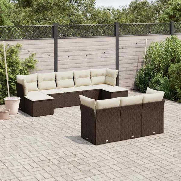 Salon de jardin 10 pcs avec coussins marron résine tressée