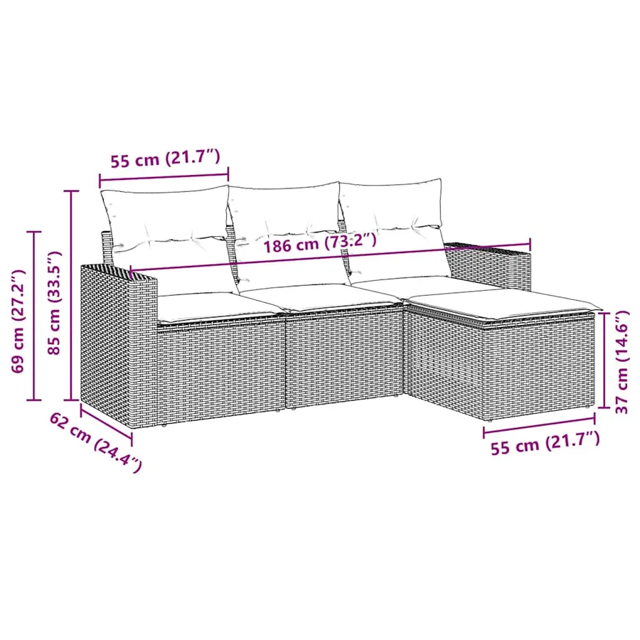 Salon de jardin 4 pcs avec coussins marron résine tressée - 3