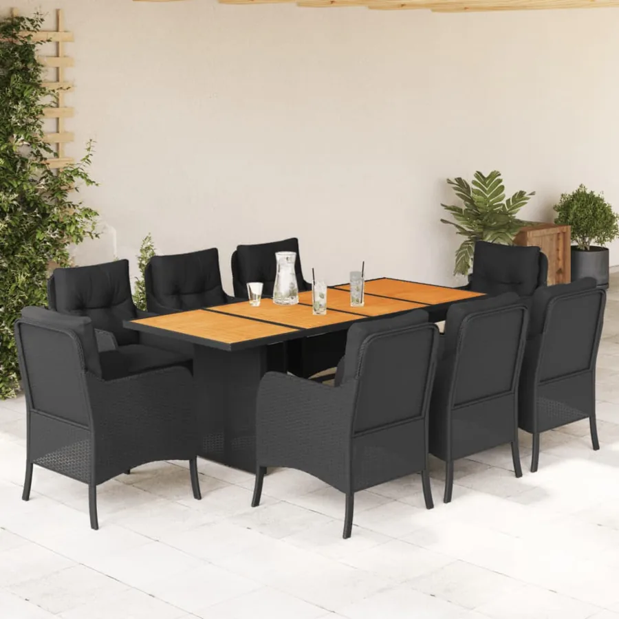 Ensemble à manger de jardin 9pcs coussins noir résine tressée