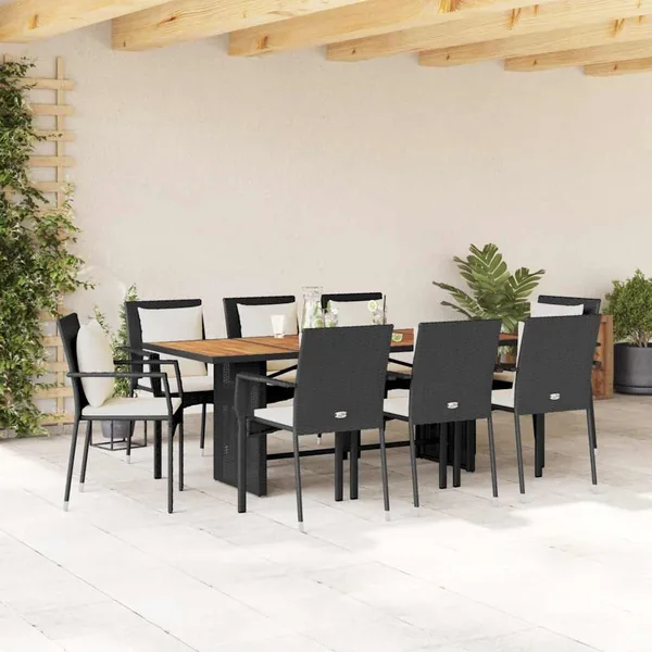 Ensemble à manger de jardin 9pcs coussins noir résine tressée