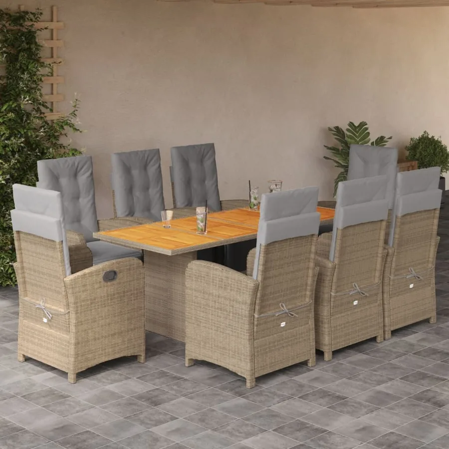 Ensemble à manger de jardin et coussins 9 pcs beige Poly rotin